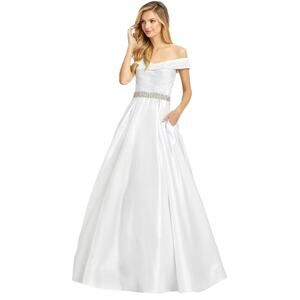 MAC DUGGAL White Shimmer Off The Shoulder Full Skirt Ball Gown w/ Pockets